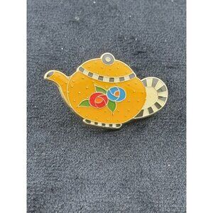 Mary Engelbreit Teapot Enamel Lapel Pin Gold Tone Floral 1 1/4" x 3/4"